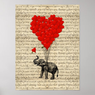 Póster Elephant and heart shaped balloons