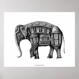 Póster Elephant Building pen ink black and white drawing