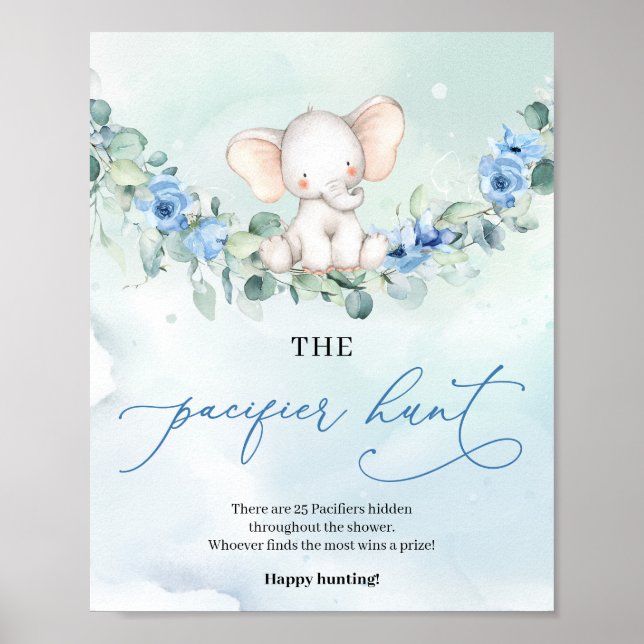 Poster Elephant dusty blue floral The Pacifier Hunt game (Frente)