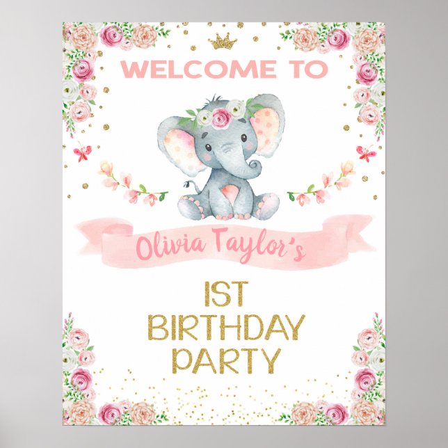 Poster Elephant Floral First Birthday (Frente)