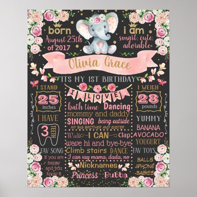 Poster Elephant Floral First Birthday conselho (Frente)
