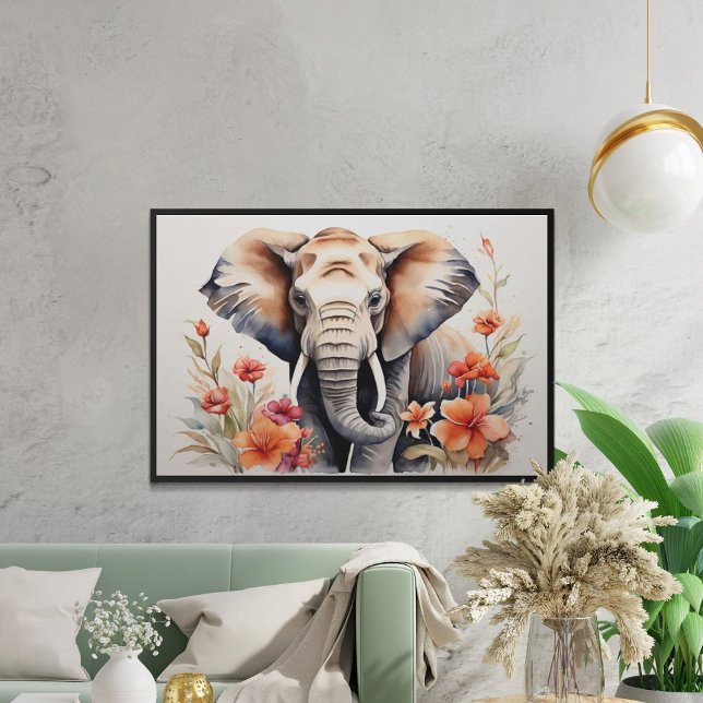 Poster Elephant & Floral Watercolor Art Elegante (Criador carregado)