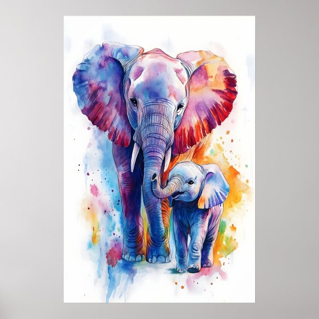 Poster Elephant Mama and Baby Watercolor Print, Nursery (Frente)