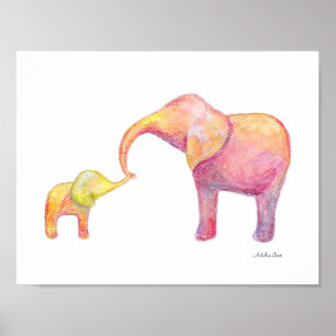 Poster Elephant Mom & Baby Nursery Art Watercolor Animal