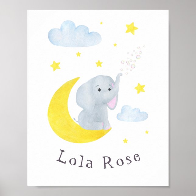 Poster Elephant Moon Stars Nursery Art (Frente)
