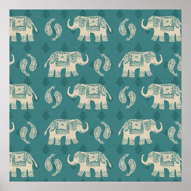 Póster Elephant Teal Caravan Pattern (Frente)