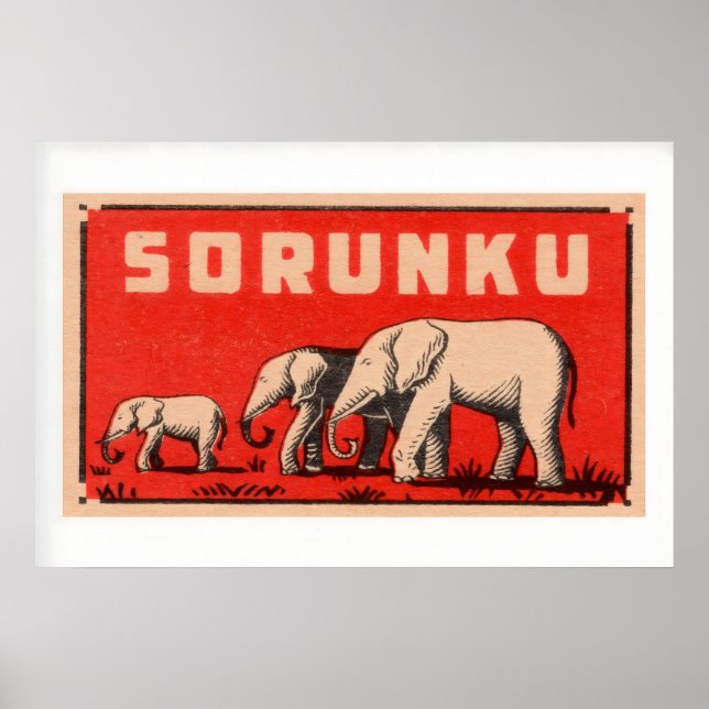Poster Elephant Three Elephants Vintage Matchbox Label (Frente)