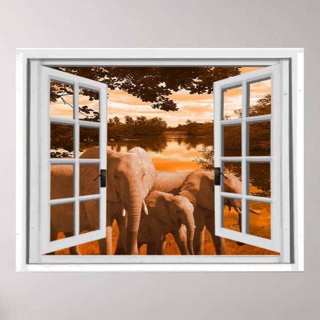 Póster Elephants Sunset View Trompe l'oeil Falso Window (Frente)