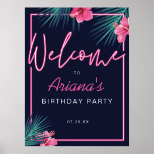 Poster Elétrica Neon Pink Tropical Bem-vindo Aniversário