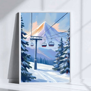 Poster Elevador de Esqui Aquarela de Esqui de Inverno n