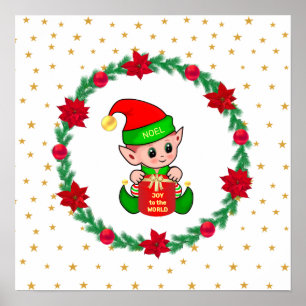Poster elfo de Natal, grinalda de pinheiro, poinsettias e