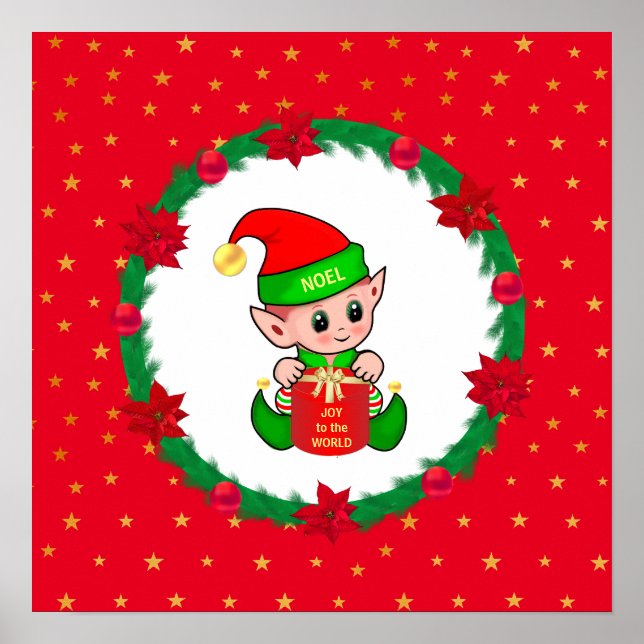 Poster elfo de Natal, grinalda de pinheiro, poinsettias e (Frente)