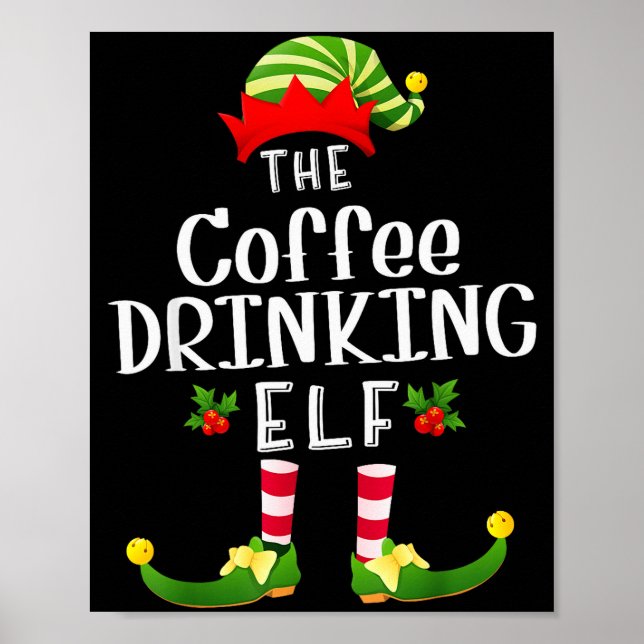 Poster Elfo de Natal que Bebe Café Pijama Combinando Nata (Frente)