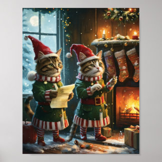 Poster Elfos Festivos de Gato de Natal Preparando-se para