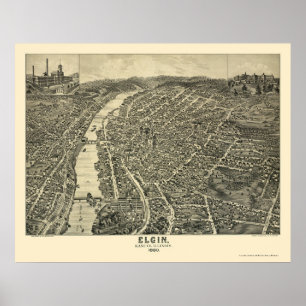 Poster Elgin, mapa panorâmico do IL - 1880
