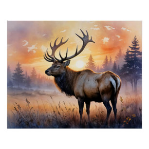 Póster Elk de Aquarela no nascer do Sol