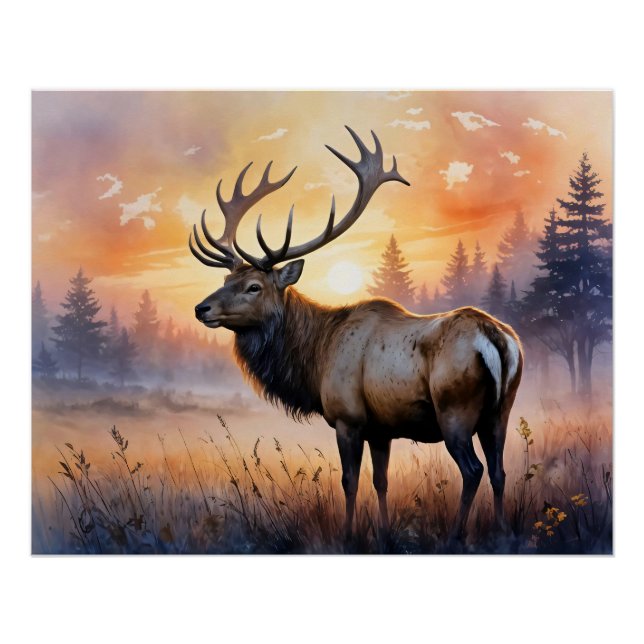 Póster Elk de Aquarela no nascer do Sol (Frente)