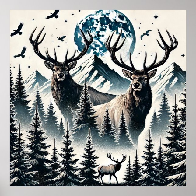 Poster Elk em uma Floresta Mística sob uma Montanha Lua (Frente)