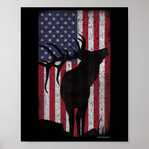 Poster Elk Hunling Bull Us Flag - American Retro