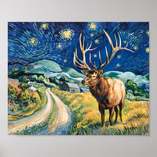 Poster Elk Vintage Estrela Noturna Van Gogh Campo (Frente)