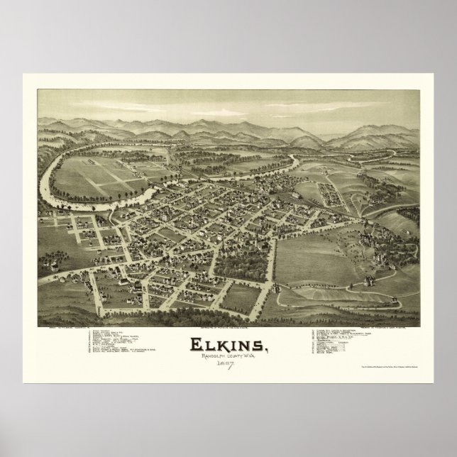 Póster Elkins, Mapa Panorâmico do WV - 1897 (Frente)