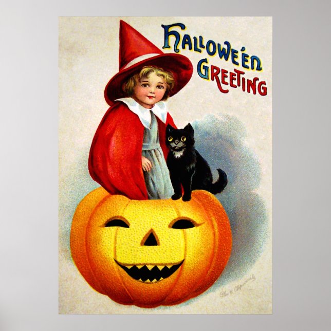 Poster Ellen H. Clapsaddle: Bruxa de Jack O'Lantern (Frente)