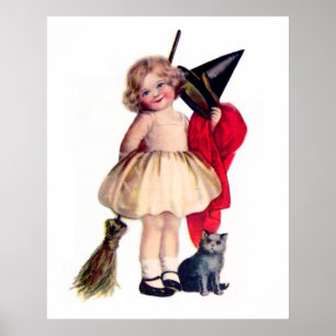 Póster Ellen H. Clapsaddle: Bruxa pequena com gato