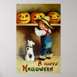 Poster Ellen H. Clapsaddle: Menino, cão e Jack O'Lantern