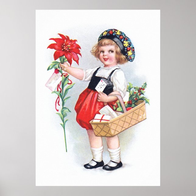 Póster Ellen H. Clapsaddle: Rapariga com Poinsettia (Frente)