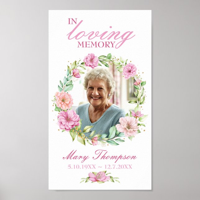 Poster Em Memória Carinhosa Coroa Floral Rosa Foto Funera (Frente)