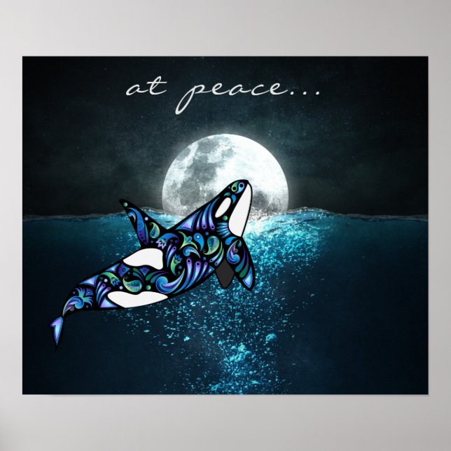 Póster Em paz ~ Lua Cheia Psicodélica Trippy Orca Whale (Frente)