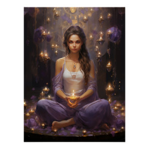Póster Em Paz Meditando Yoga Girl, Cristais Ametist