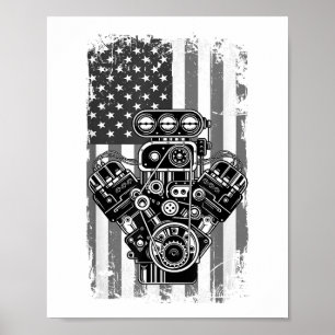 Poster Êmbolo de carro muscular vintage bandeira american