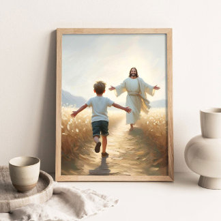 Poster Embracing Faith, Christian Art, Jesus and Boy, Jes