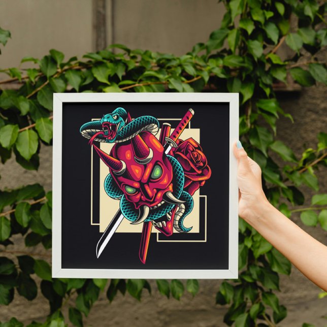 Poster Embraço do demônio; máscara oni e Cobra (Criador carregado)