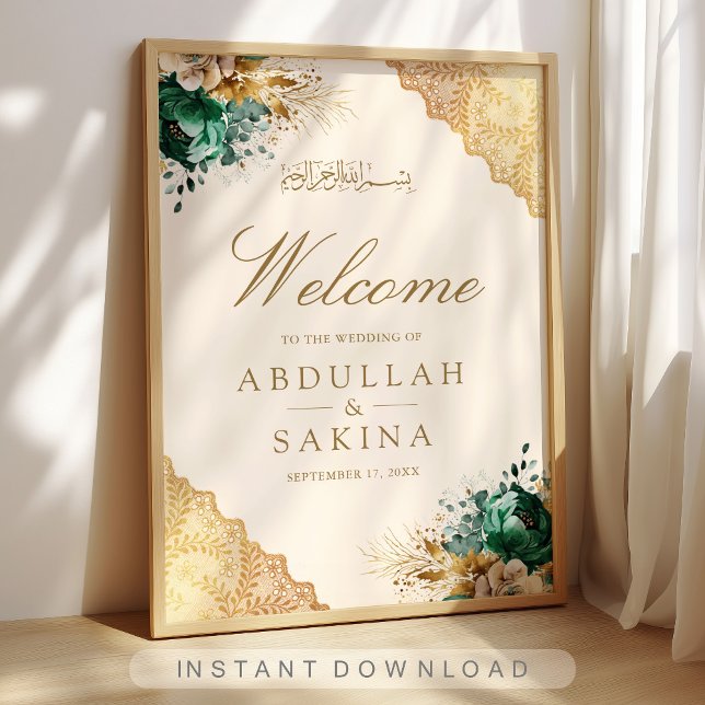 Poster Emerald Floral Gold Muslim Wedding Welcome (Criador carregado)
