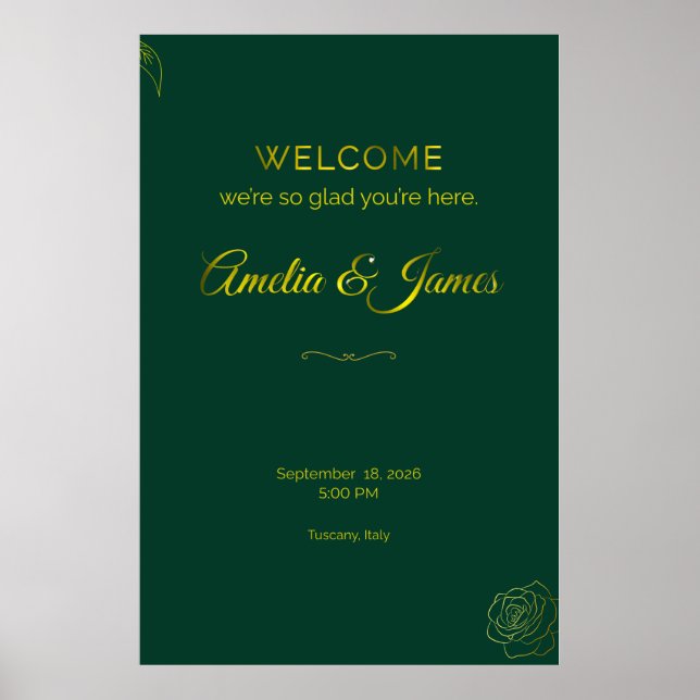 Poster Emerald Green and Gold Leaf Wedding Welcome Sign (Frente)