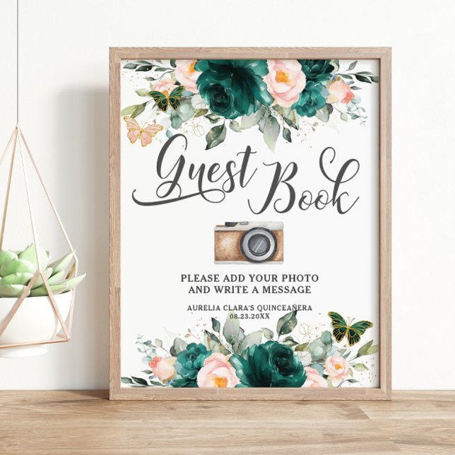 Poster Emerald Green Blush Floral Guest Book - Sinal de F (Criador carregado)