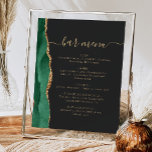 Poster Emerald Green Dourado Agate Dark<br><div class="desc">Um sinal elegante para o seu menu de bar de casamento. As palavras "menu bar" aparecem na caligrafia dourada com hastes no início e no fim, com texto personalizável abaixo. Uma esmeralda aquarela verde agate design aparada com brilho dourado faux decora borda esquerda em um fundo preto ardente. Veja a...</div>