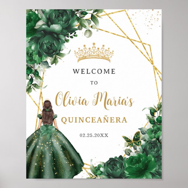 Poster Emerald Green Floral Princess Quinceañera Bem-vind (Frente)