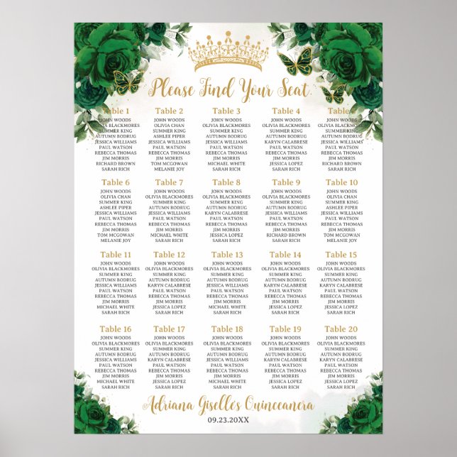 Poster Emerald Green Floral Sweet 16 Quinceanera Seating (Frente)