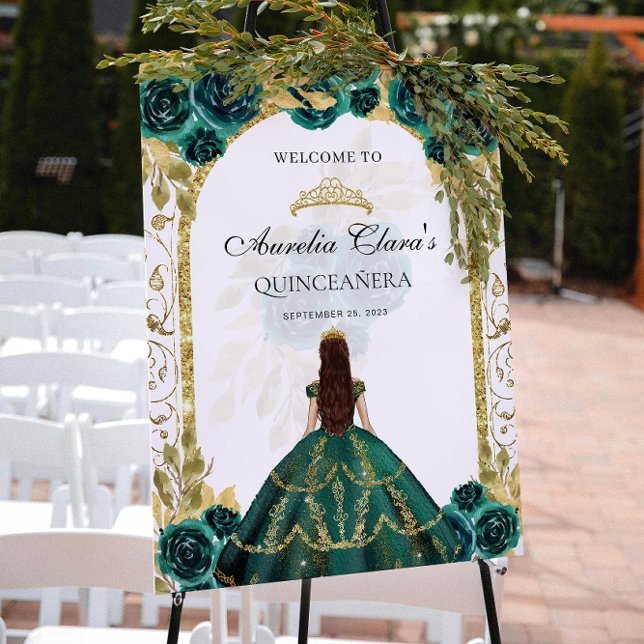 Poster Emerald Green Princess Floral Quinceañera Birthday (Criador carregado)