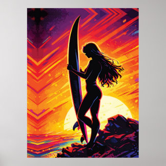 Poster Empowering Surfer Girl Sunset Silhouette Pop Art