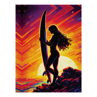 Póster Empowering Surfer Girl Sunset Silhouette Pop Art