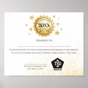 Poster Empregado Dourado do emblema do certificado do ano