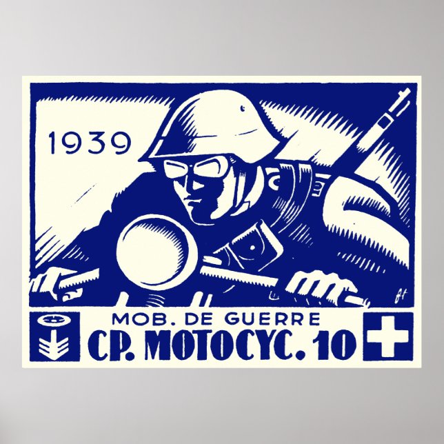 Póster Empresa de motocicletas suíça WWII, azul (Frente)