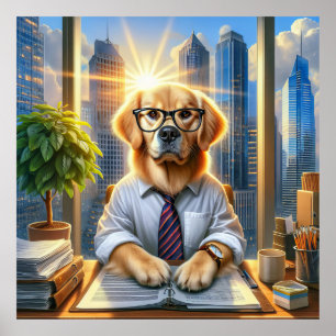 Poster Empresário Golden Retriever No Escritório