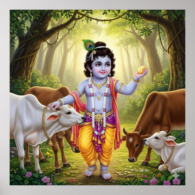 Poster Encantador Bala Krishna Pastoral Verde com Bezerro (Frente)