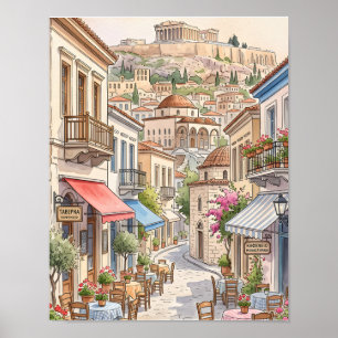 Poster Encantadora Atenas Grécia Rua Aquarela