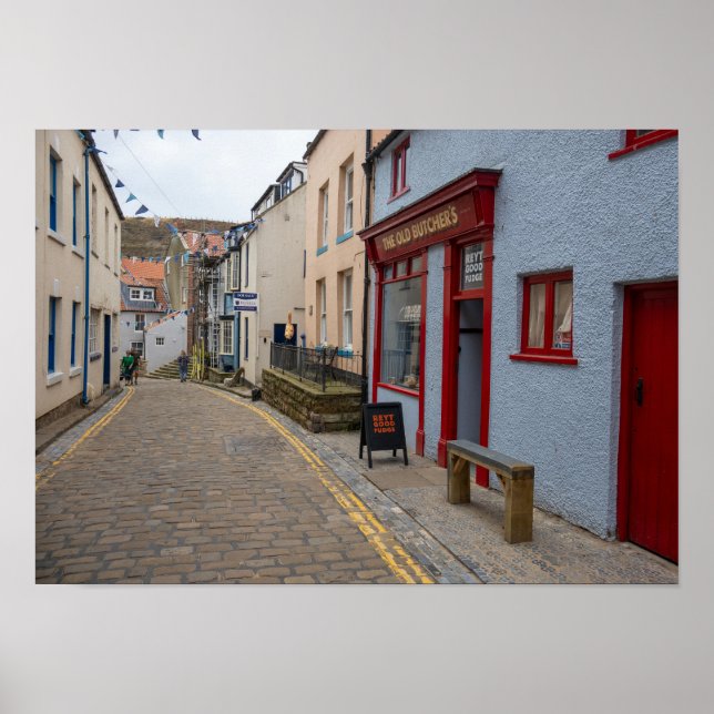 Poster Encantadora Rua Empedrada na Aldeia de Staithes (Frente)